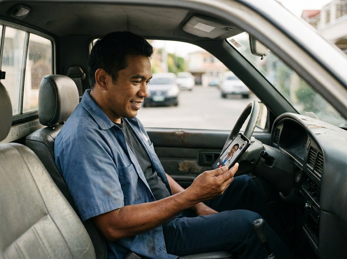 A man in a blue shirt sitting in the driver's seat of a vehicle, smiling while looking at a phone showing a video call with another man.