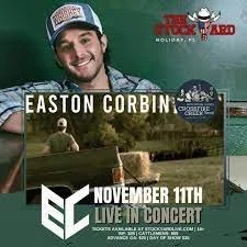 Concert poster for Easton Corbin live on November 11th in Holiday, FL, with images of a man in a cap and a countryside scene.