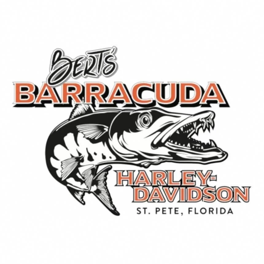 Logo for Bert's Barracuda Harley-Davidson in St. Pete, Florida, featuring a stylized illustration of a barracuda.