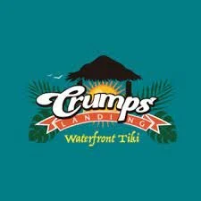Crumps Landing logo with a tiki hut and palm leaves on a teal background.