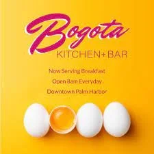 Promotional image for Bogota Kitchen + Bar, featuring breakfast service details and eggs against a yellow background.