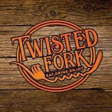 Twisted Fork logo on wood background with the text "Eat Drink Enjoy" and a twisted fork graphic.