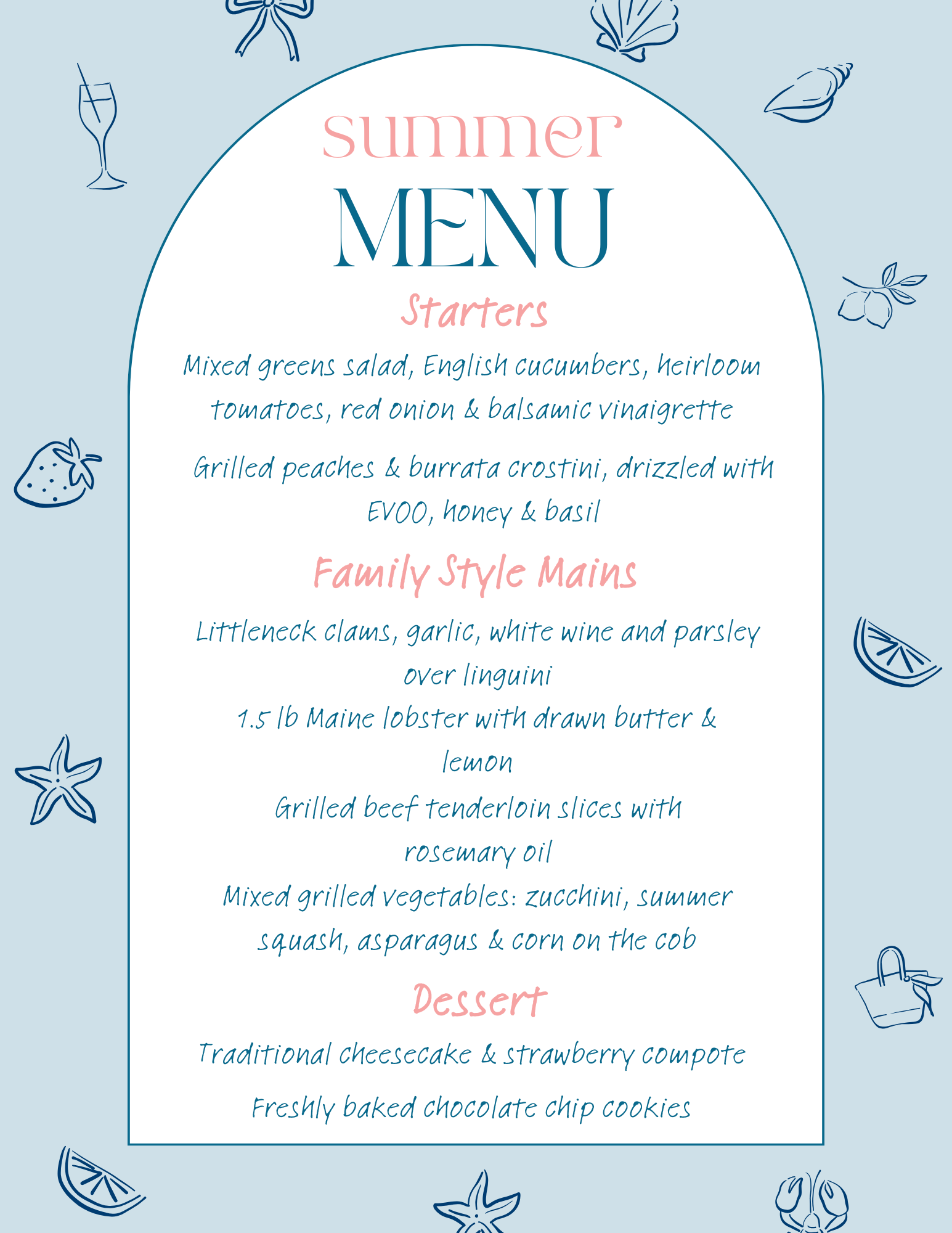 A summer menu with sections for starters, family-style mains, and dessert, featuring various food items and decorative summer-themed illustrations around the border.