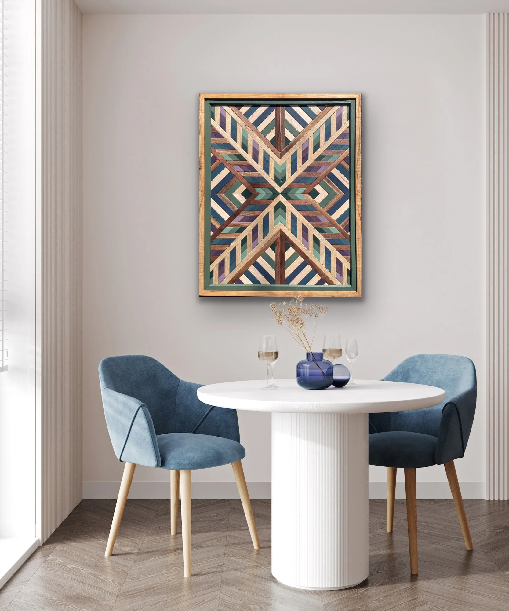 Framed wooden mosaic displayed on a wall.