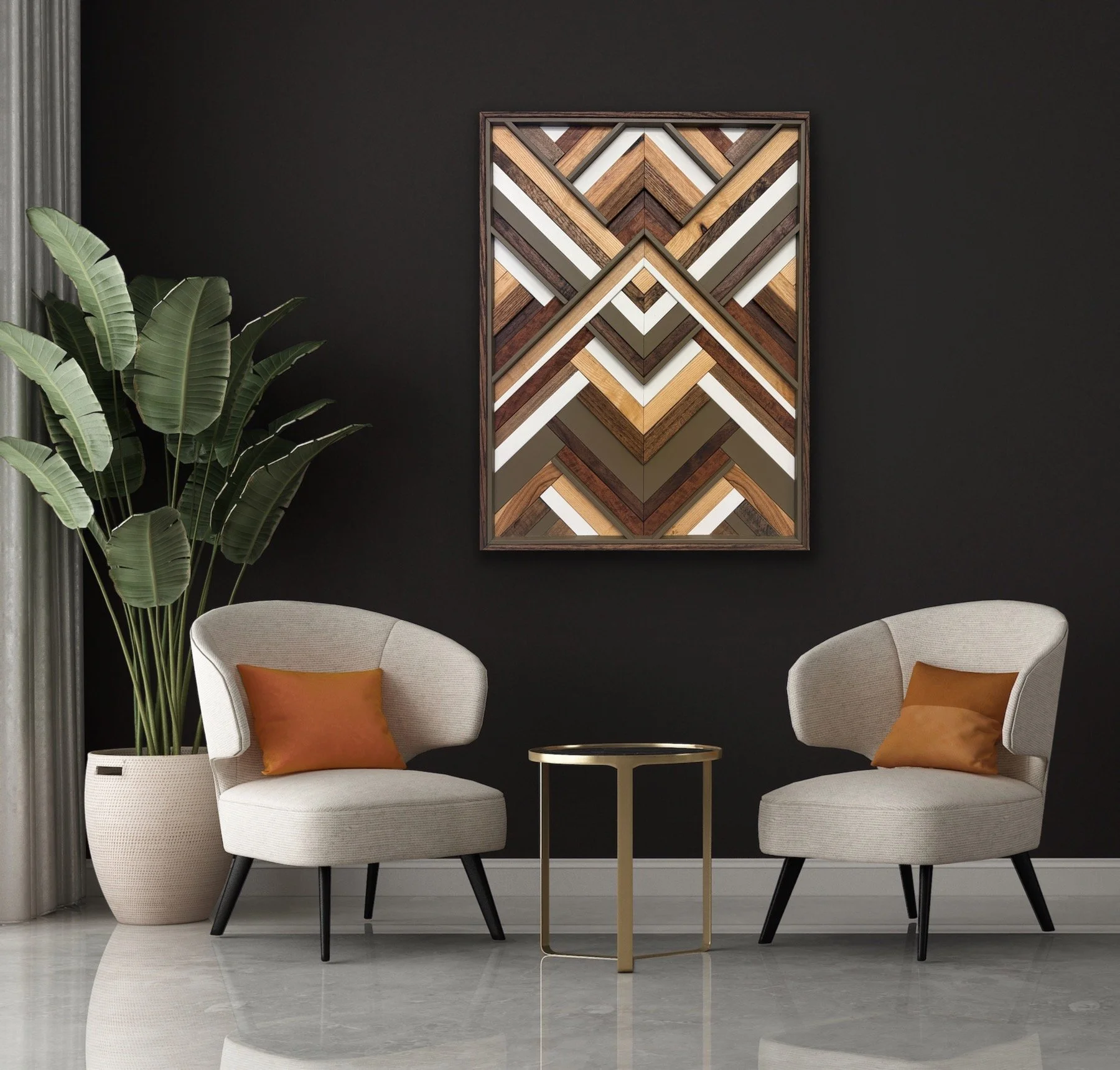 Handcrafted framed wooden mosaic in white and light olive green paint with natural, espresso, and red mahogany stains displayed on a wall.