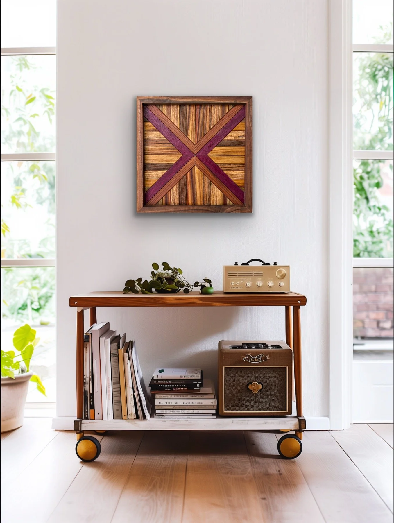 Handcrafted framed wooden mosaic made from various exotic woods hanging on a wall.