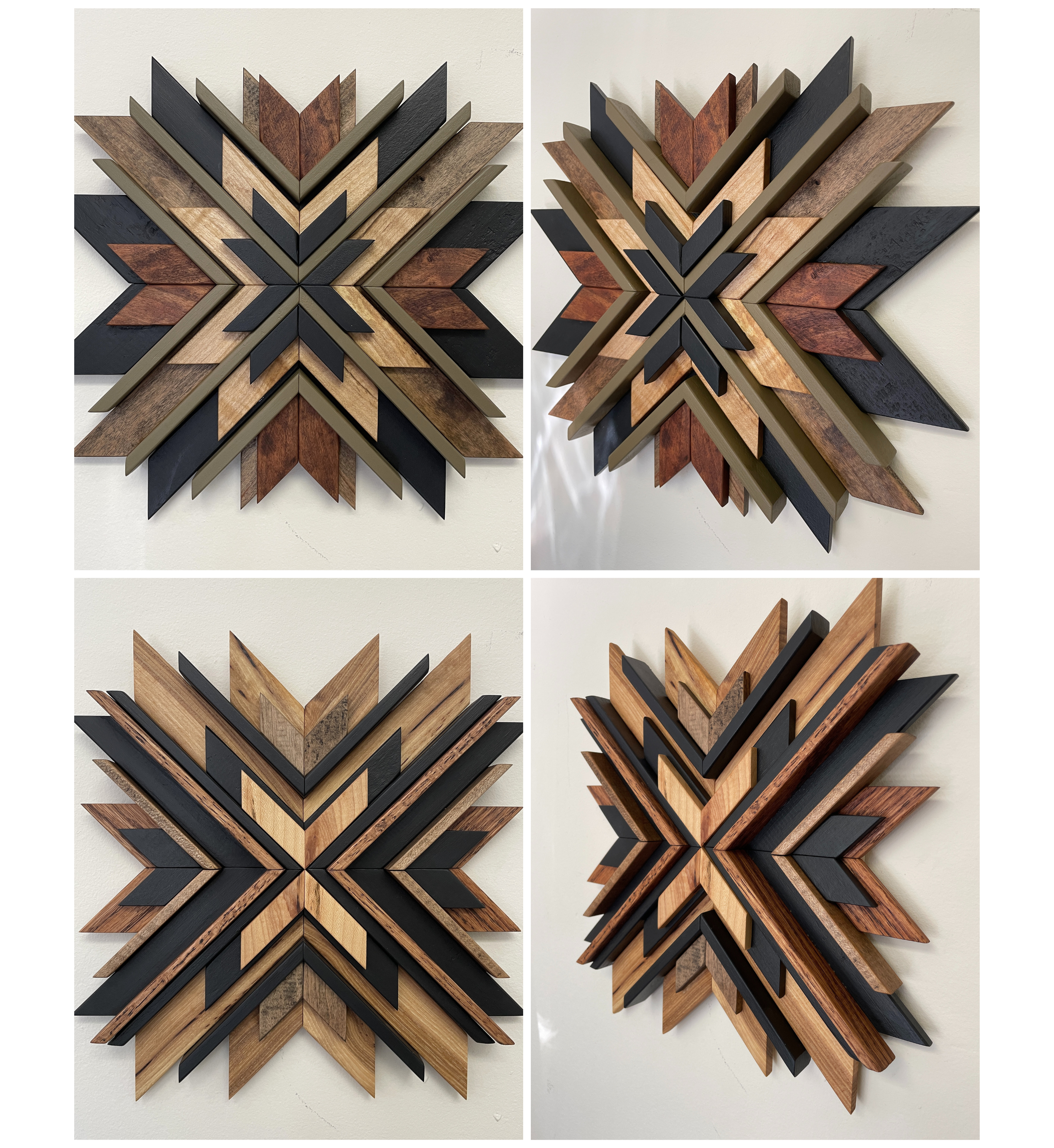 Photo grid of two design options for a custom mini sunburst style wooden mosaic.