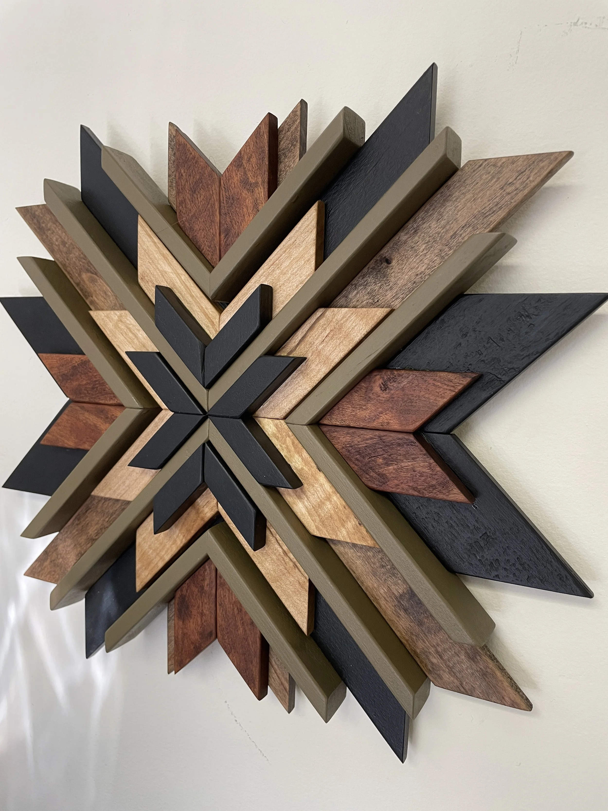 Angled view of design option one for a custom mini sunburst style wooden mosaic.