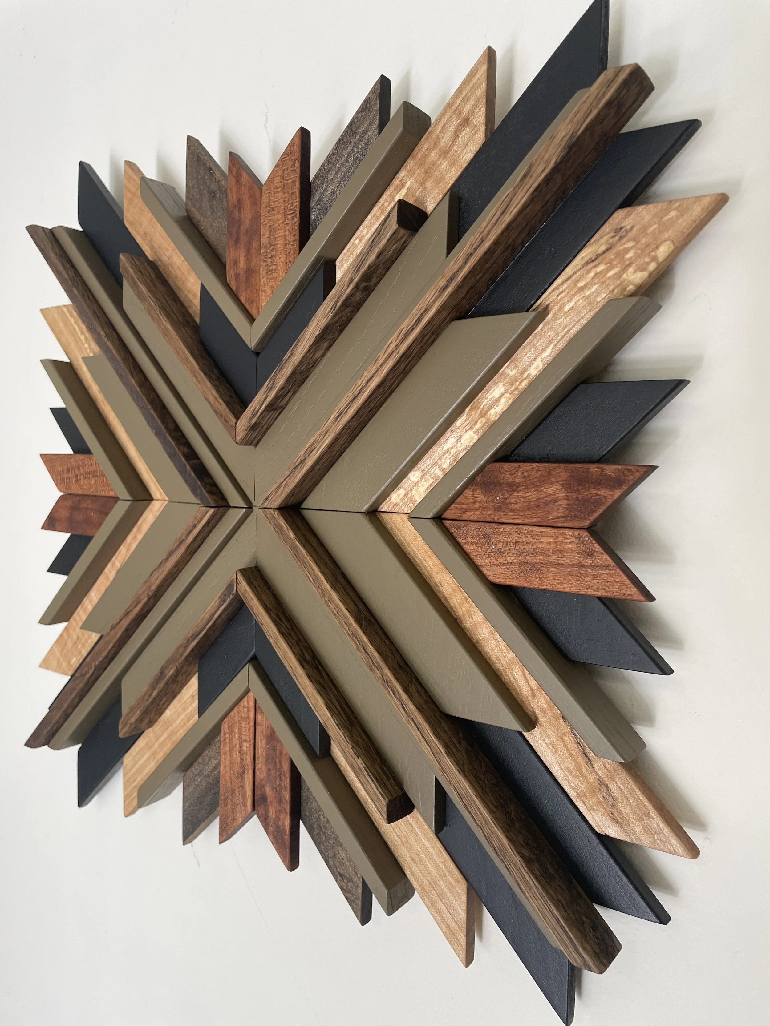 Angled view of design option one for a custom small sunburst style wooden mosaic.