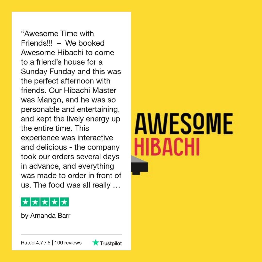 Check out our 5-star review on Trustpilot! #trustpilotreviews#🎊 Get ready for an at-home party experience like no other! With our awesome combination of skillful showmanship, mouthwatering hibachi meals, and a vibrant atmosphere, every party will be