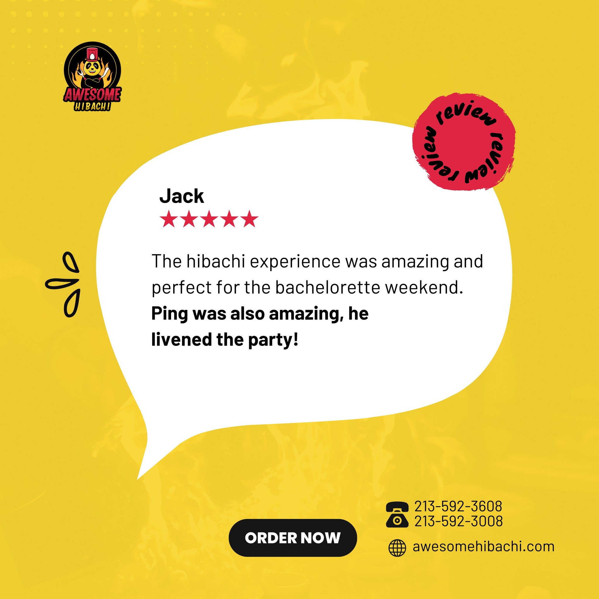 Thank you so much, Jack! 

We're happy to hear you had an amazing hibachi experience and that Ping brought the energy to your bachelorette weekend &mdash; that&rsquo;s what it&rsquo;s all about! 🎉🔥

We can&rsquo;t wait to make your next celebration