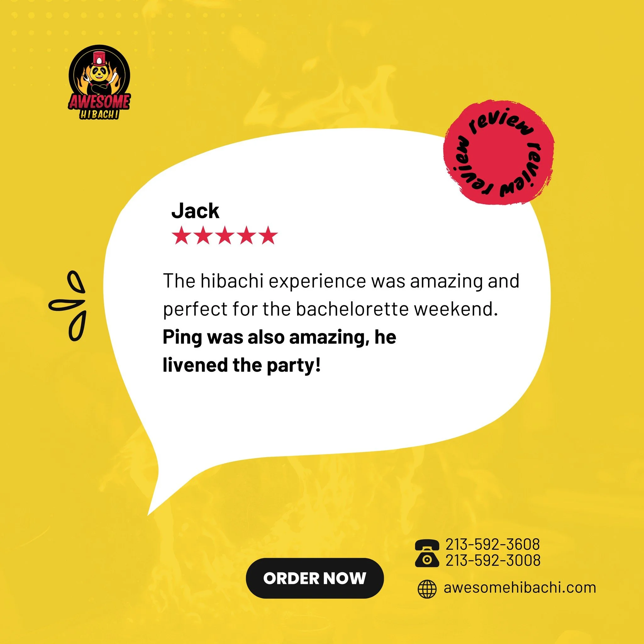 Thank you so much, Jack! 

We're happy to hear you had an amazing hibachi experience and that Ping brought the energy to your bachelorette weekend &mdash; that&rsquo;s what it&rsquo;s all about! 🎉🔥

We can&rsquo;t wait to make your next celebration