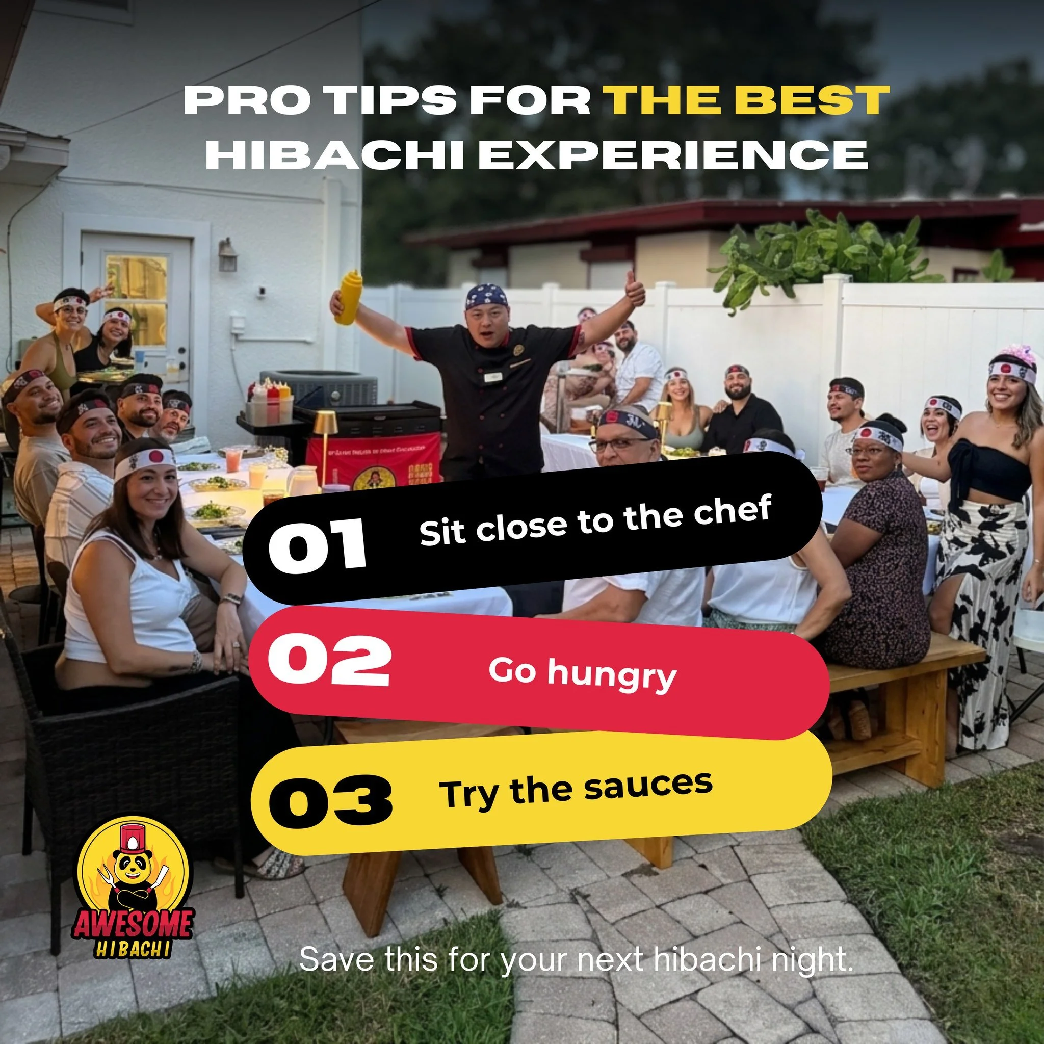 PRO TIPS for your next hibachi night 🔥🍱

01 sit close to the chef, that&rsquo;s where the fun (and flying shrimp) happens 🍤😄
02 go hungry, trust us, you&rsquo;ll want every bite 🥢
03 try ALL the sauces, this is not the time to be shy 😋

Hibachi