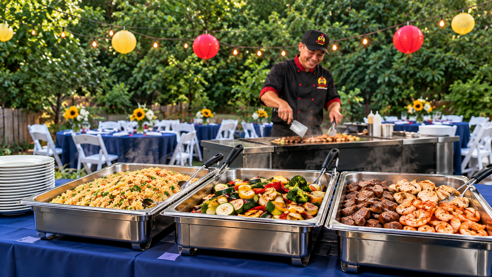 Outdoor hibachi buffet with large trays of fried rice, vegetables, steak, chicken and shrimp