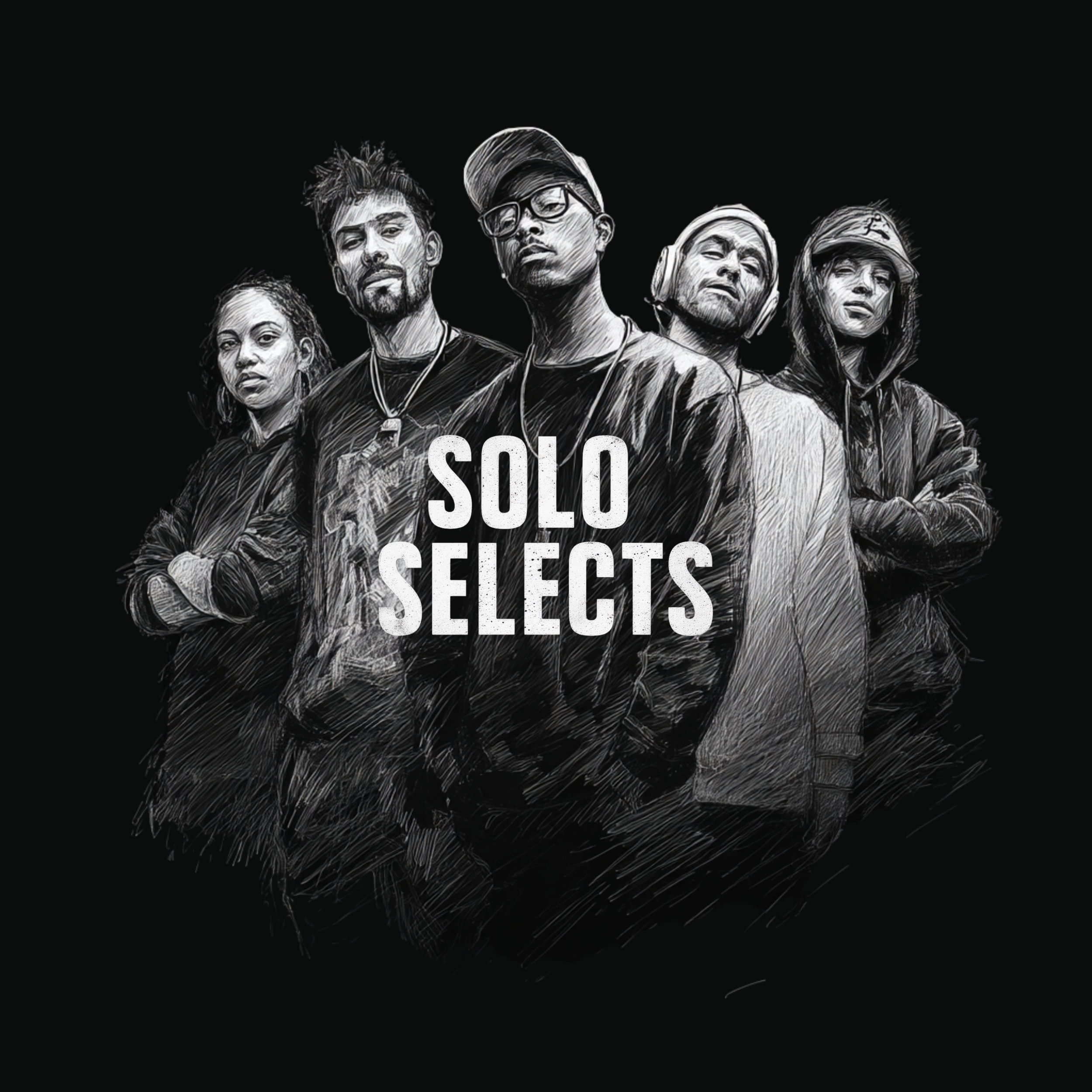 Black and white digital artwork featuring five diverse individuals with serious expressions, standing with crossed arms or hands in pockets. The text 'Solo Selects' is prominently displayed in the center.