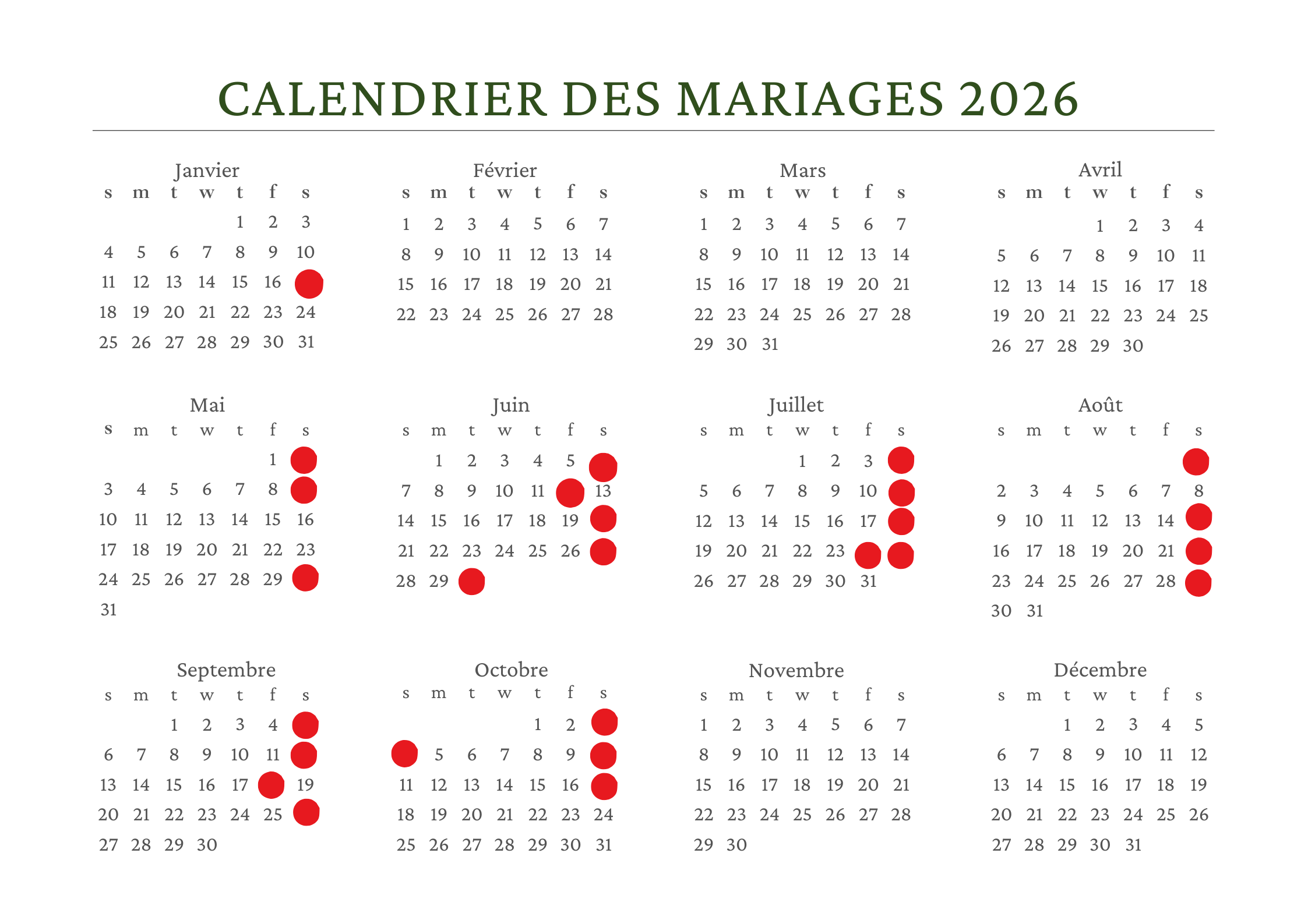 Calendrier des mariages pour 2026 avec les dates indiquées par des points rouges en mai, juin, juillet, août, septembre, et octobre.