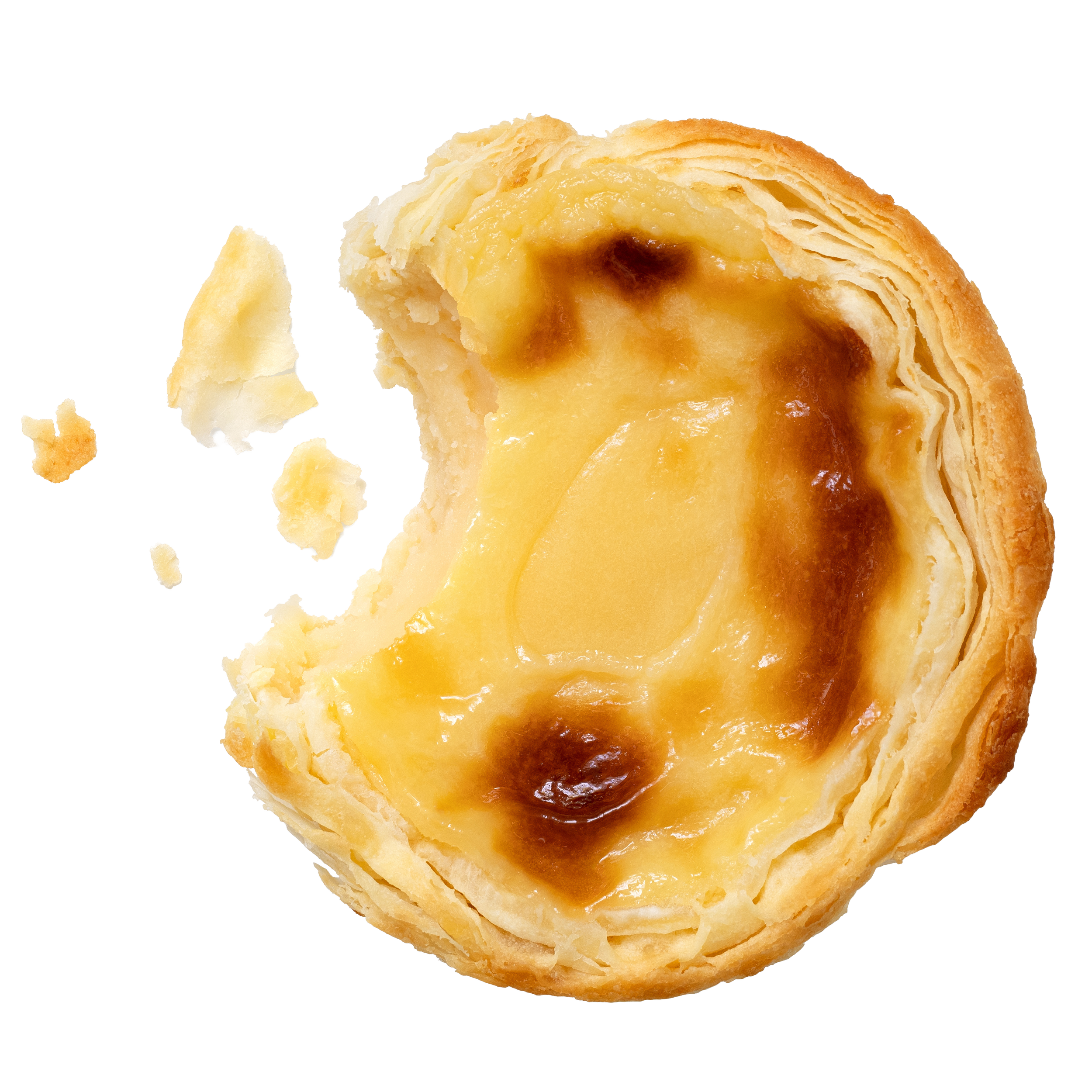 A close-up of a partially eaten Portuguese egg tart with flaky layers and an egg custard filling inside.