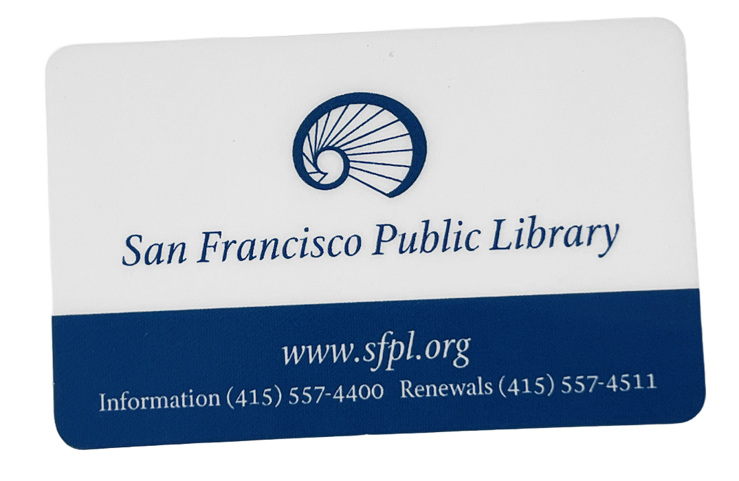 A library card for the San Francisco Public Library featuring the library's logo, website, and contact numbers.