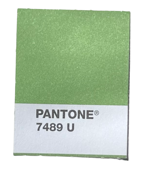 Close-up of a Pantone color swatch labeled 7489 U, featuring a light green shade.