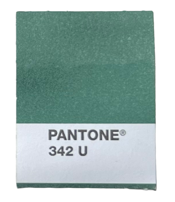 Pantone color swatch in shade 342 U, a greenish hue with white label