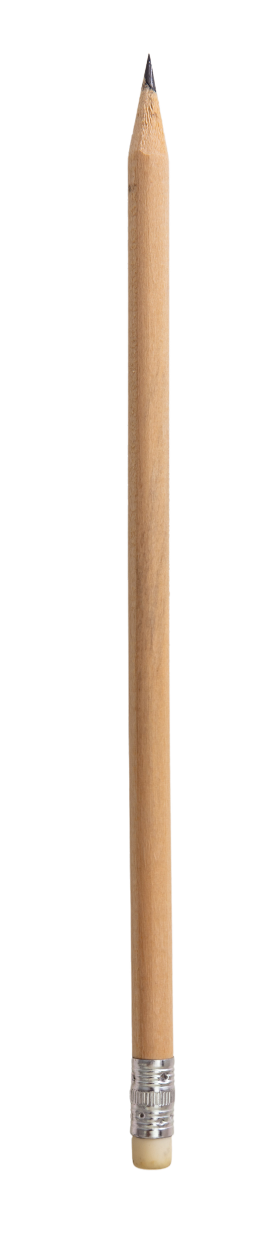 Close-up of a wooden pencil with an eraser attached at the bottom.