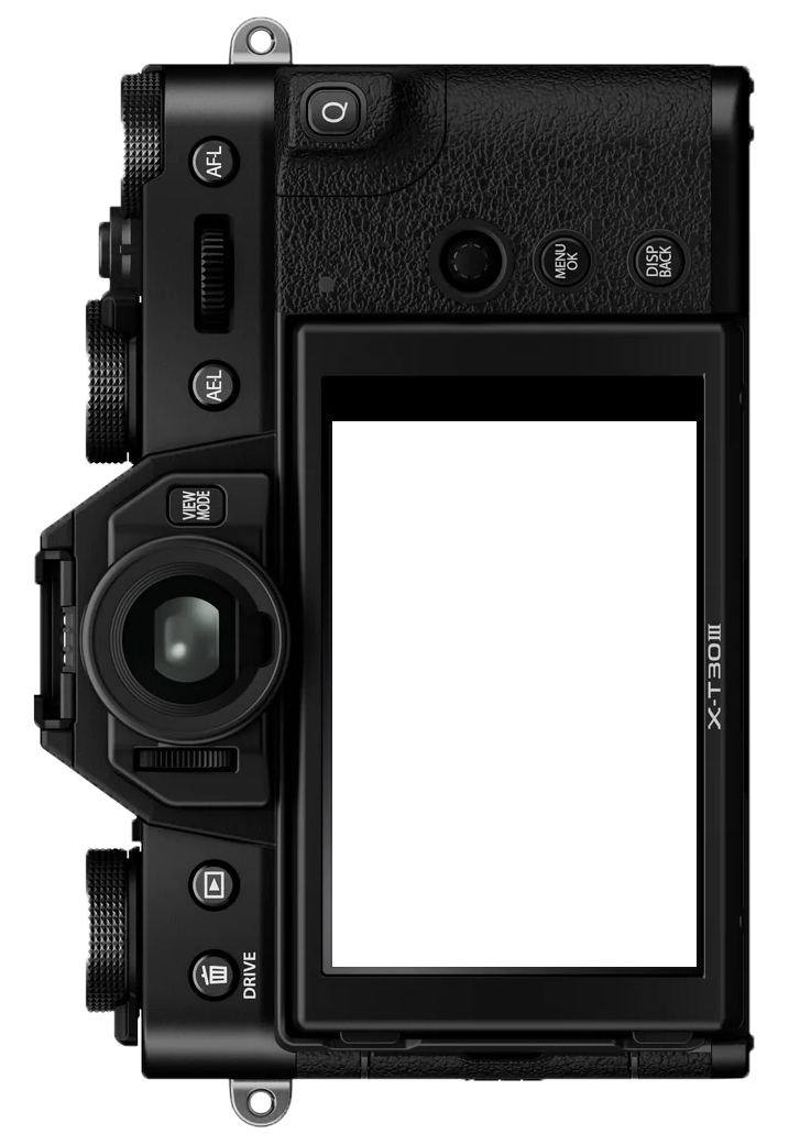 Front view of a Fujifilm X-T3 mirrorless digital camera showing the LCD screen and camera controls.