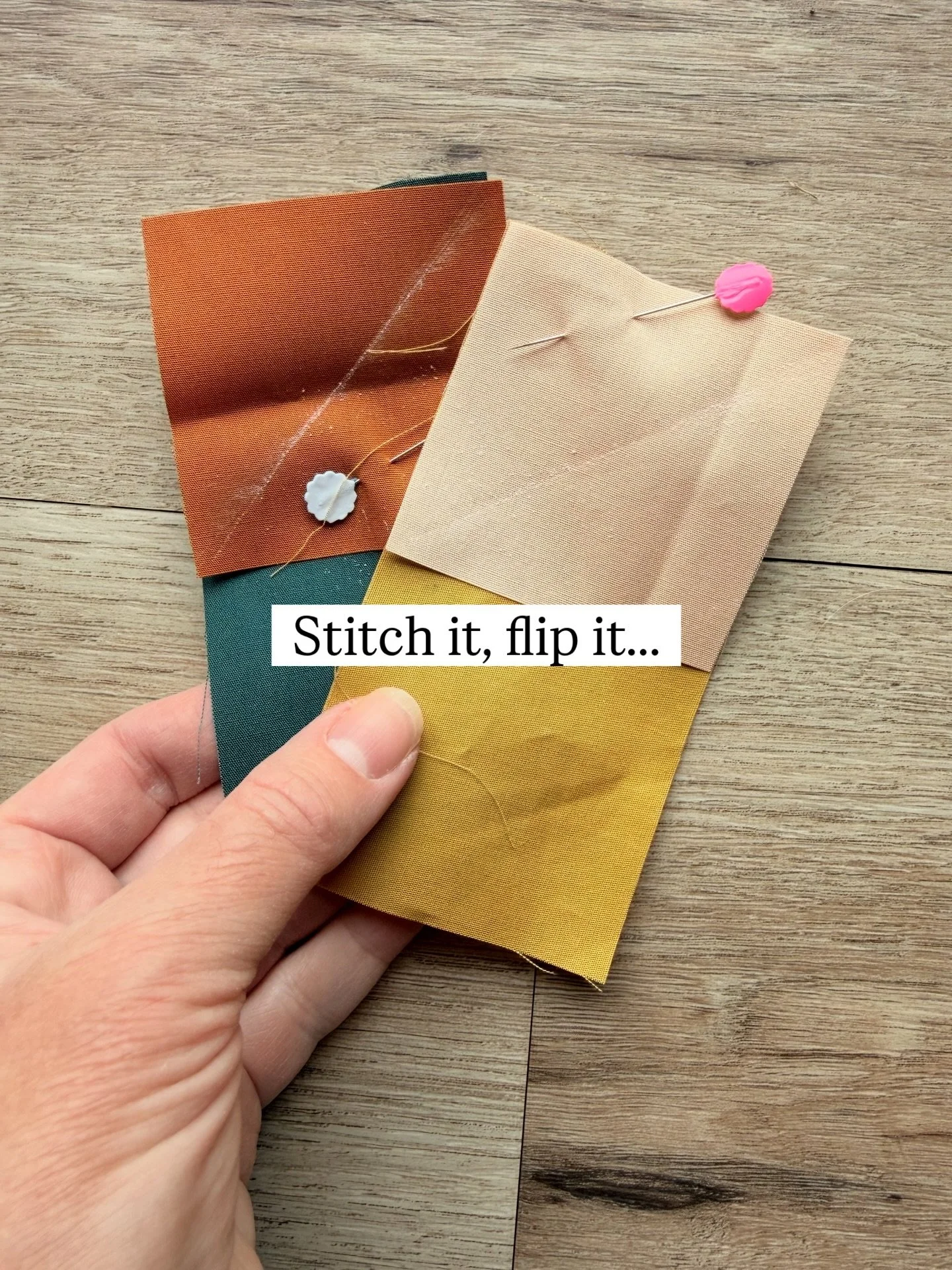 Stitch and flip:
You know that magic thing that happens when you hear a new word or phrase, and then start hearing it ✨ everywhere ✨?
It&rsquo;s as simple as placing a small square face-down, stitching on the diagonal, folding it back, pressing it fl