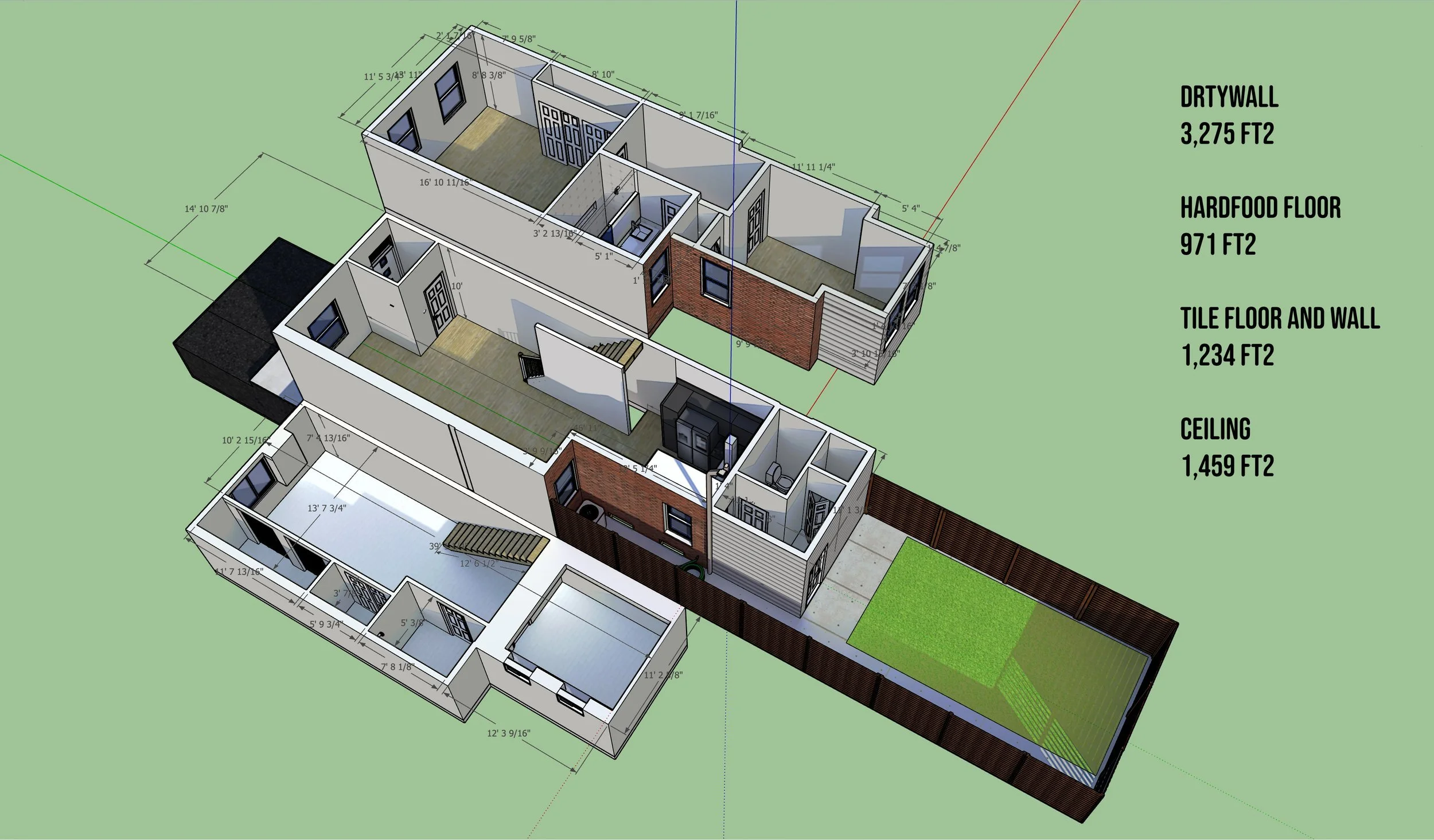 3D floor plan of a house with dimensions, featuring labeled areas for drywall, hardwood floor, tile floor and wall, and ceiling measurements.