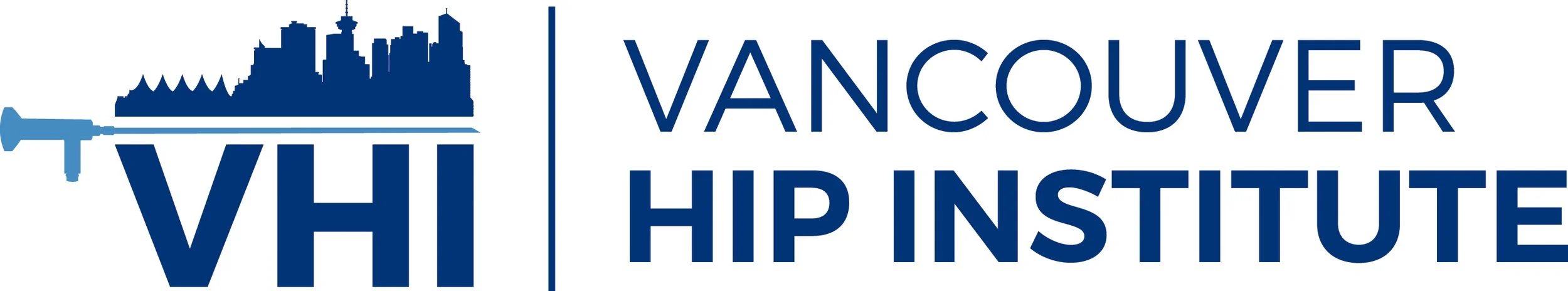 Vancouver Hip Institute logo with city skyline graphic and VHI initials.