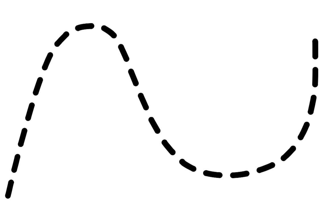 A dashed black line forming a curved, looping path on a white background, resembling a stylized, flowing ribbon or path.