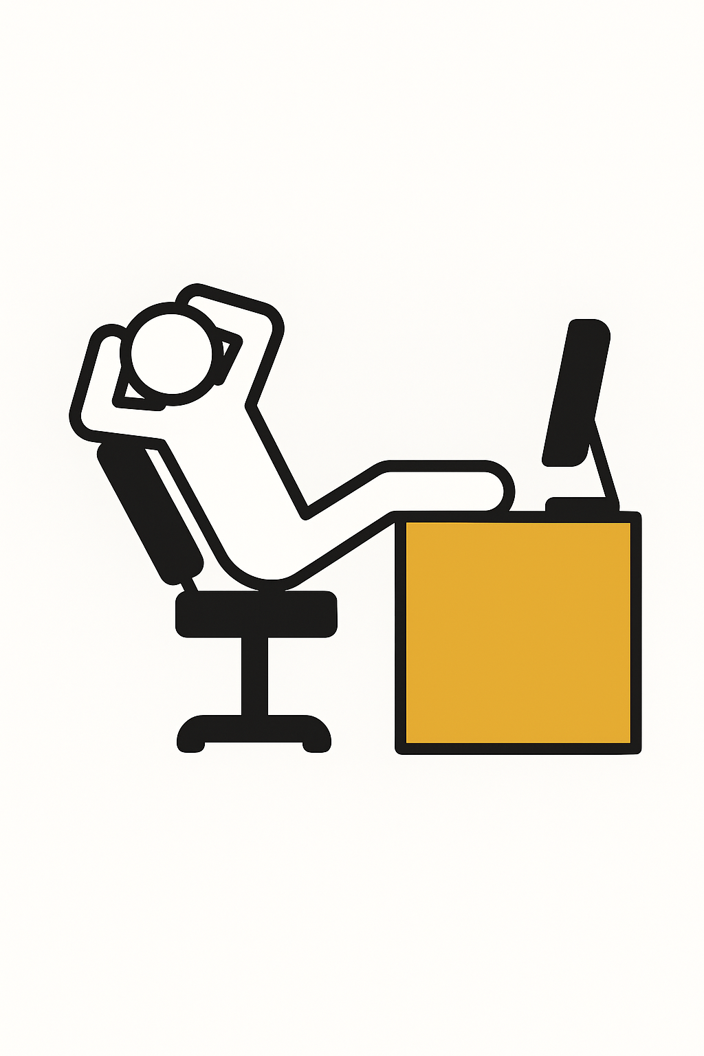 Simple line drawing of a person sitting on an office chair with a head resting on their hand, in front of a desk with a computer monitor.