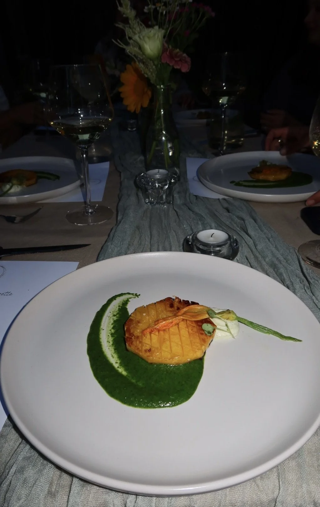Duality of Squash: pan seared butternut squash, herb veloute, zucchini mousse, zucchini flowers