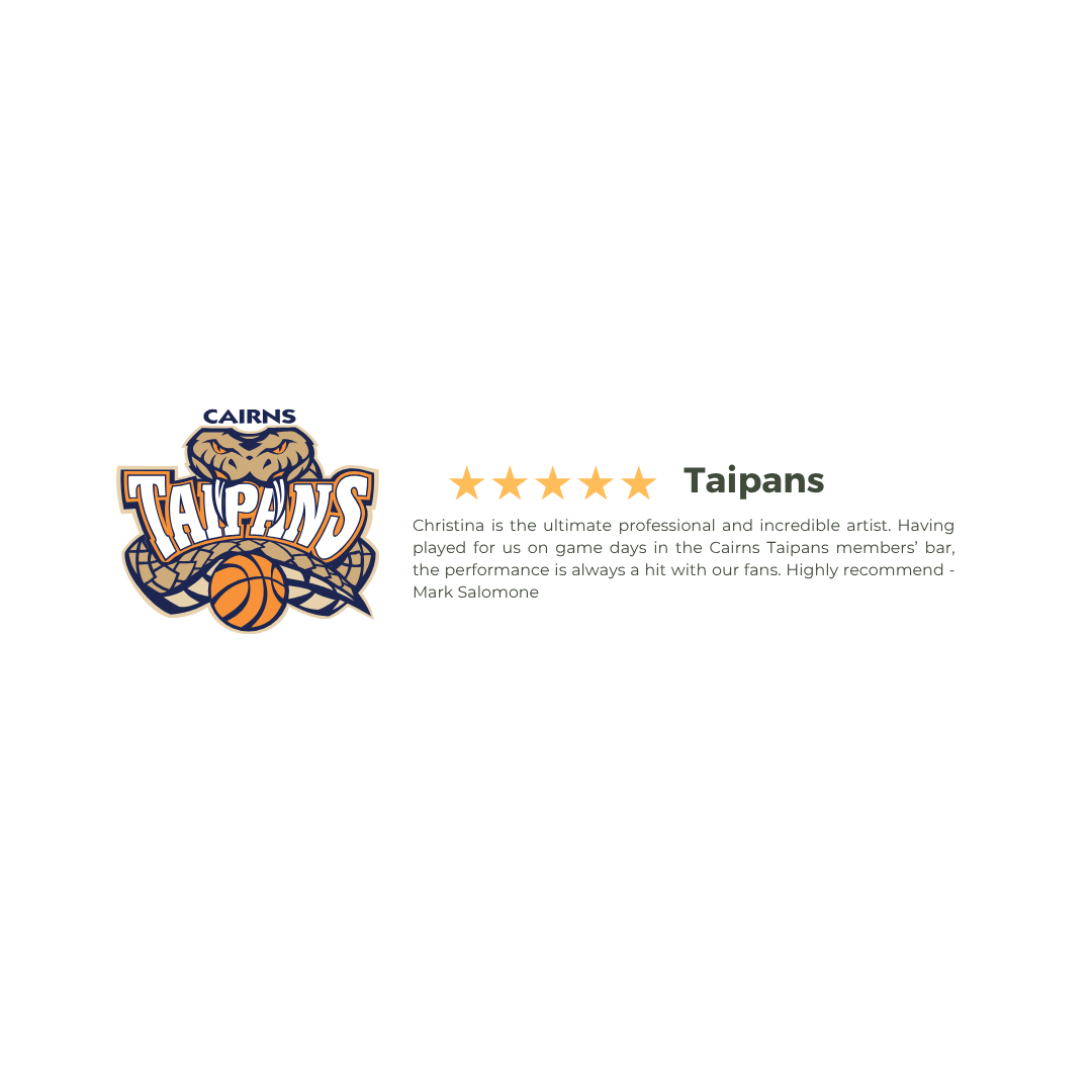 Cairns Taipans logo with a basketball and a five-star rating, and a testimonial from Mark Salomone praising Christina's performance and professionalism.