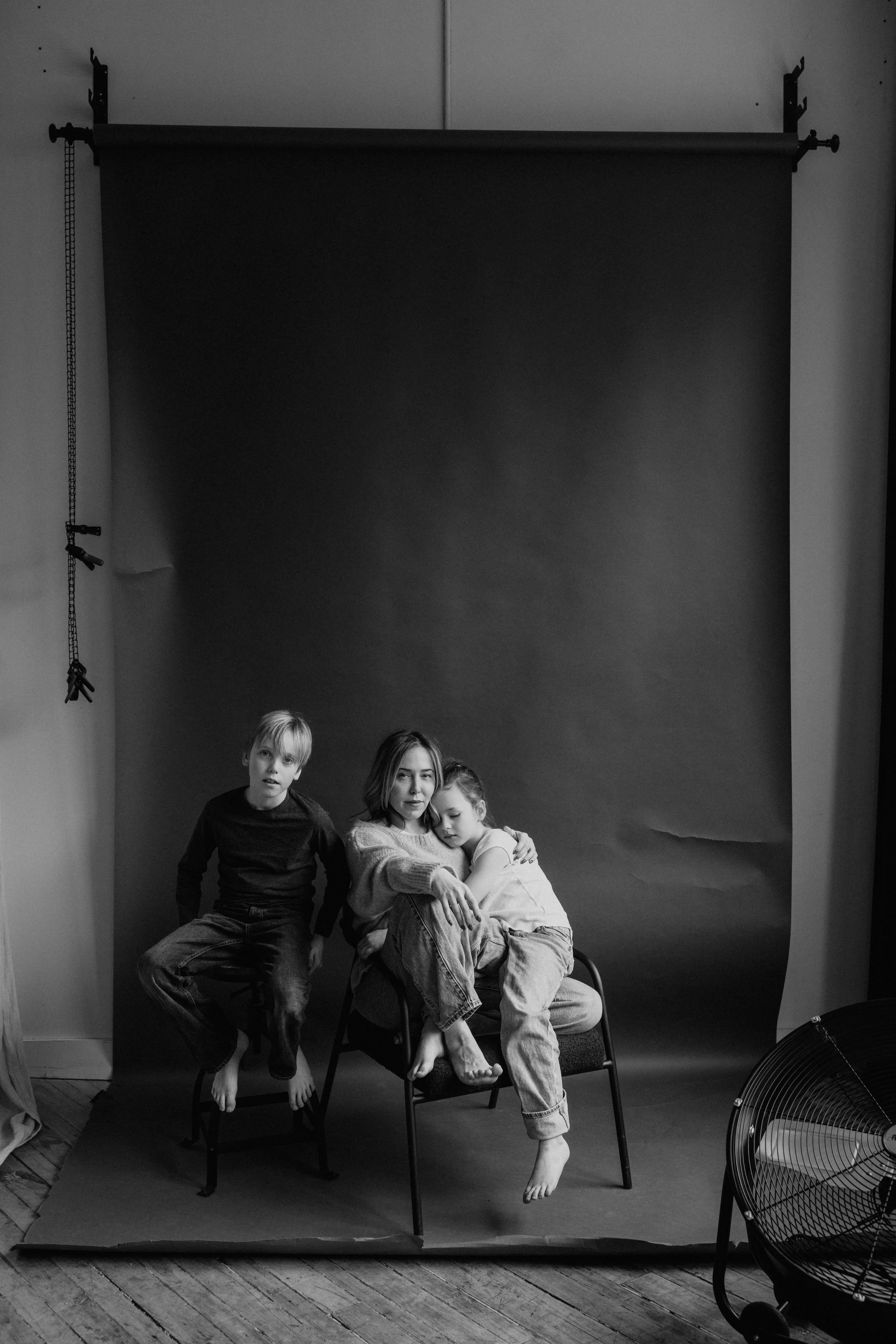 mom and kids in studio