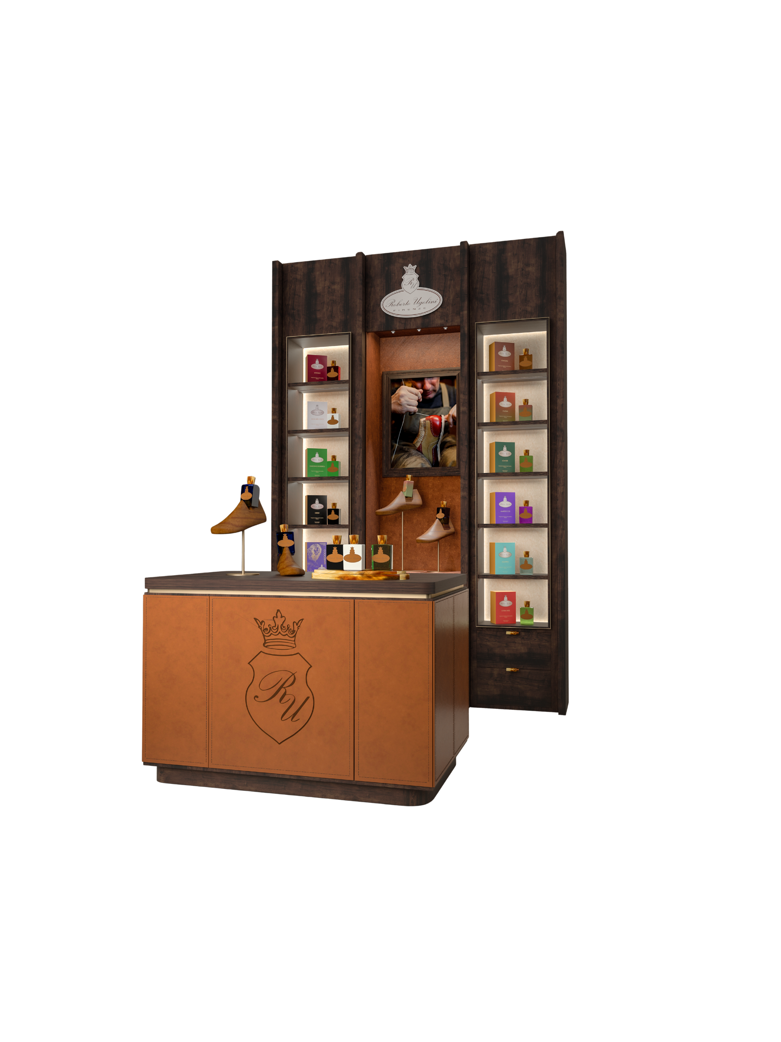 3D-Visualisierung einer hochwertigen Markenpräsentation im Ladenbau