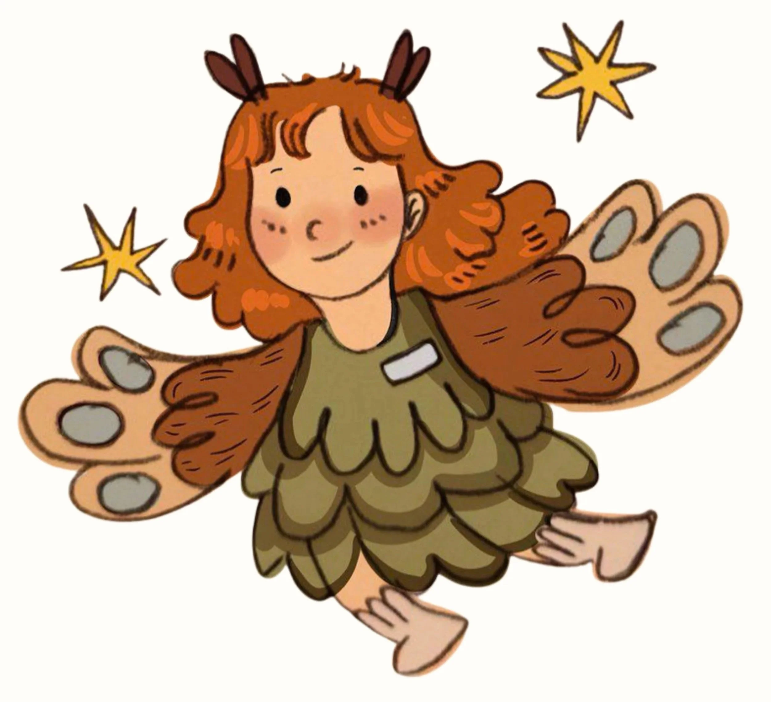 A cartoon girl with red hair dressed as a fairy, with butterfly wings, small antlers, a leafy dress, and a cheerful expression, surrounded by sparkles.