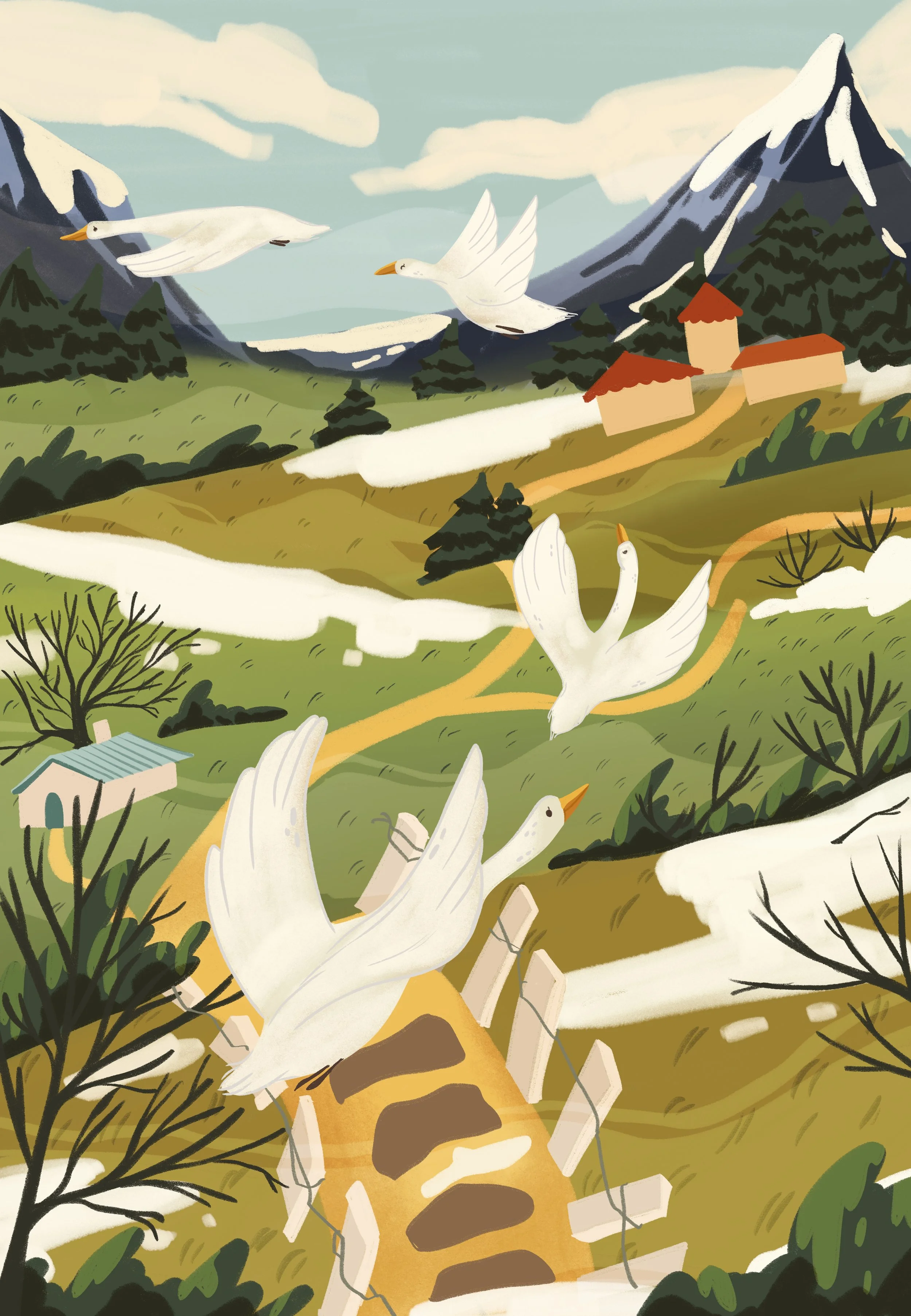 goose, countryside, tree, winter, snow