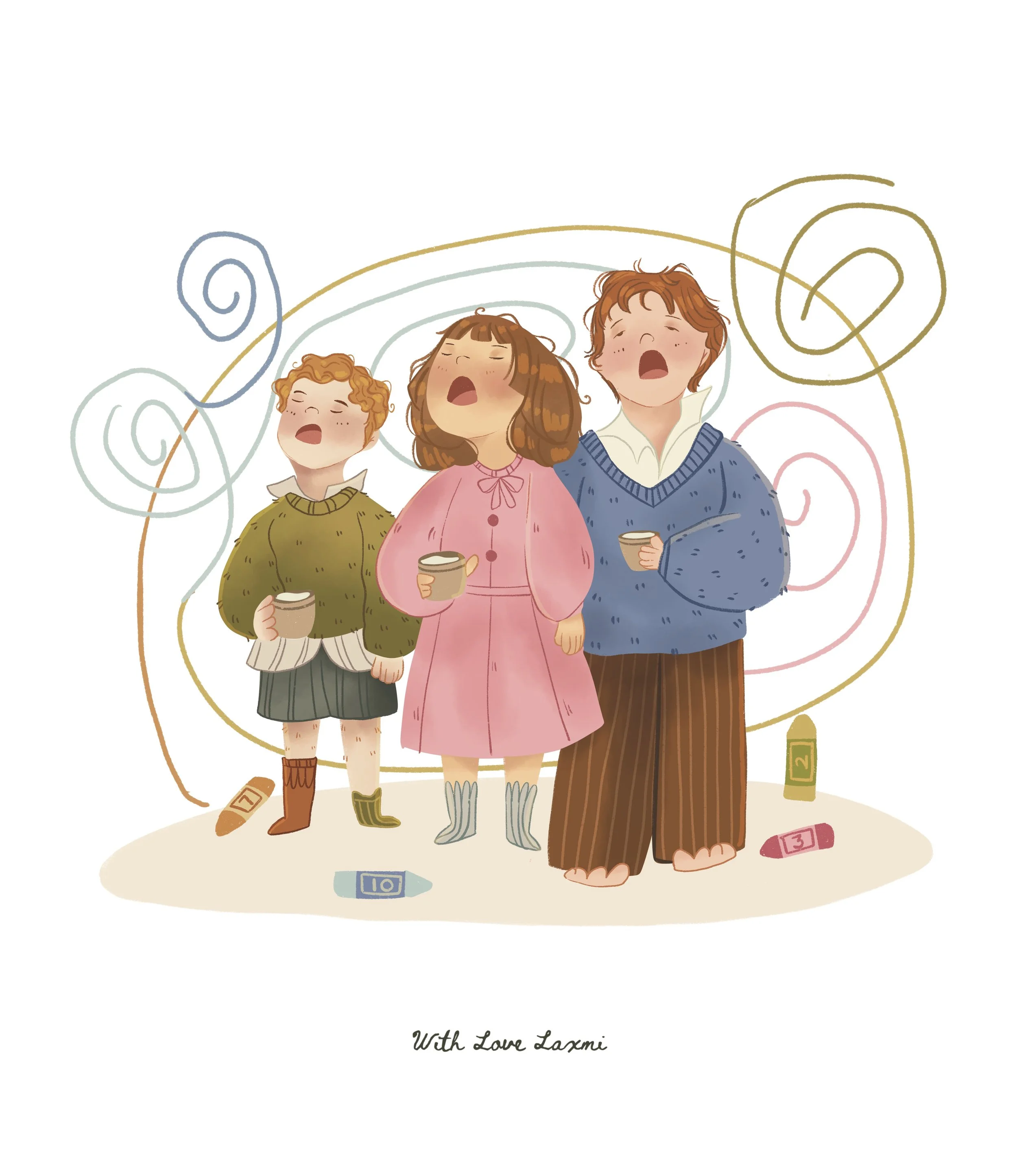 3 children, yawning, milk, wintertime, sweaters, socks, colors, scribbling, colorful, illustration, storybook, picturebook