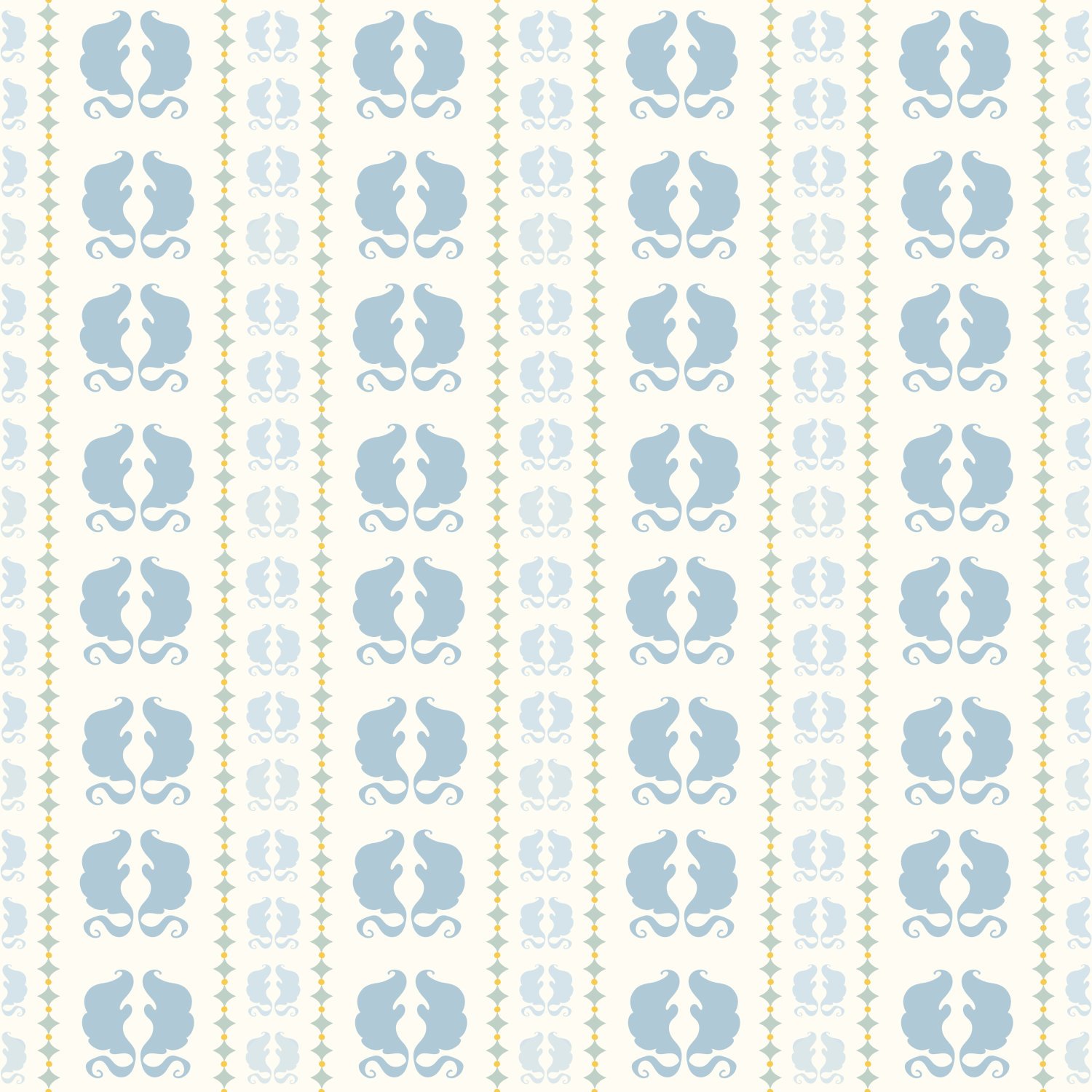 A patterned wallpaper with repeating blue and light blue ornate designs on a cream background, separated by small yellow diamond shapes.
