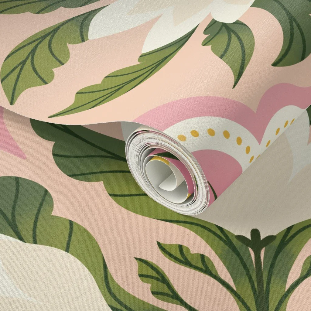 Rolled-up floral patterned wallpaper with pink, green, and white colors and leaf designs.
