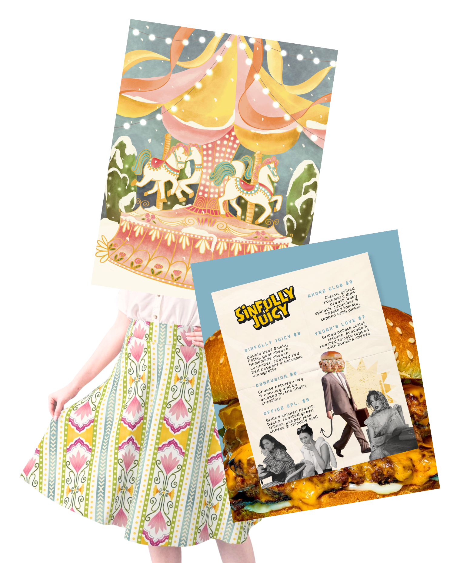 childrens illustration, pink, pattern design and restaraunt branding branding