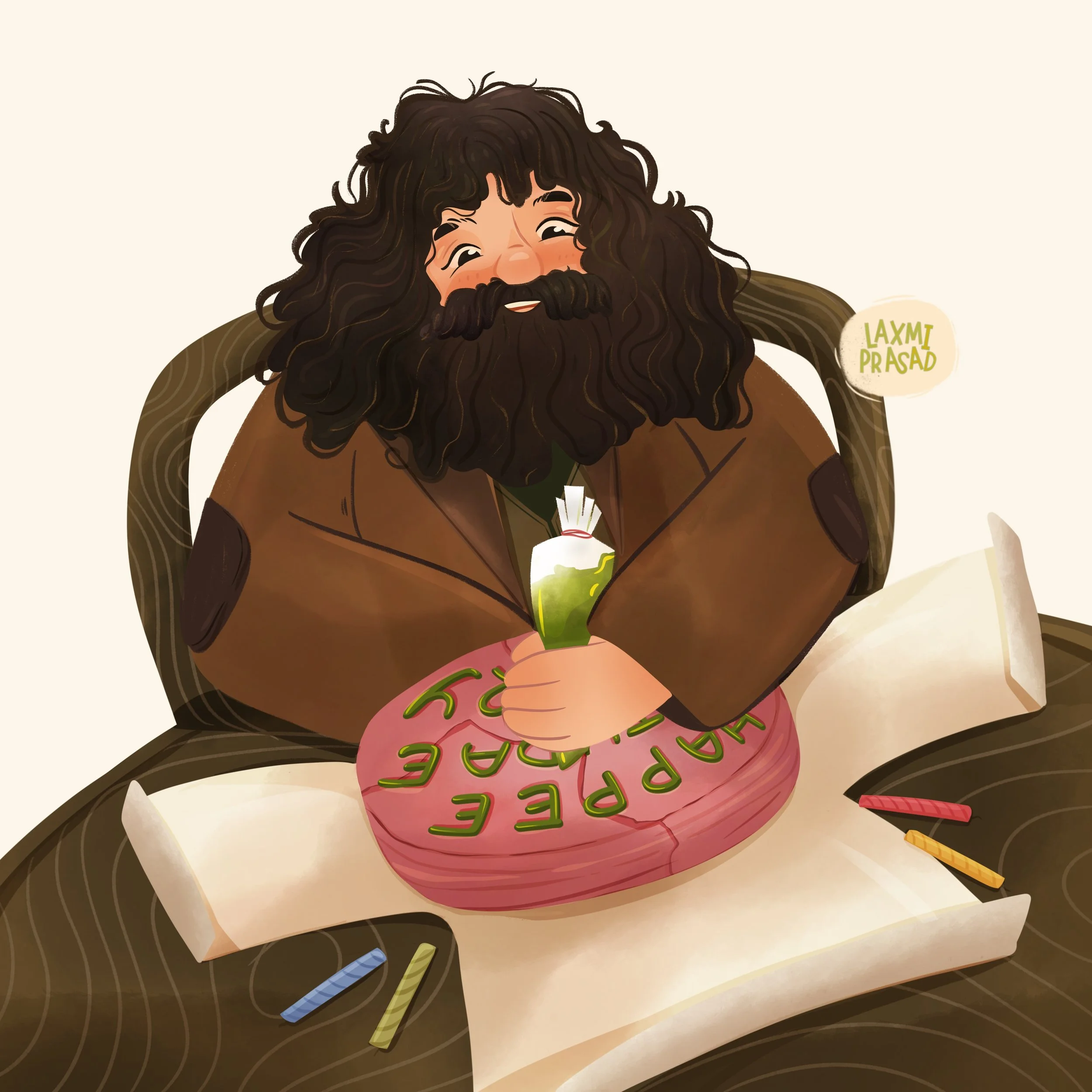 harry cake, hagrid, pink cake illustration, uk, london, iconic, weasley, dursleys