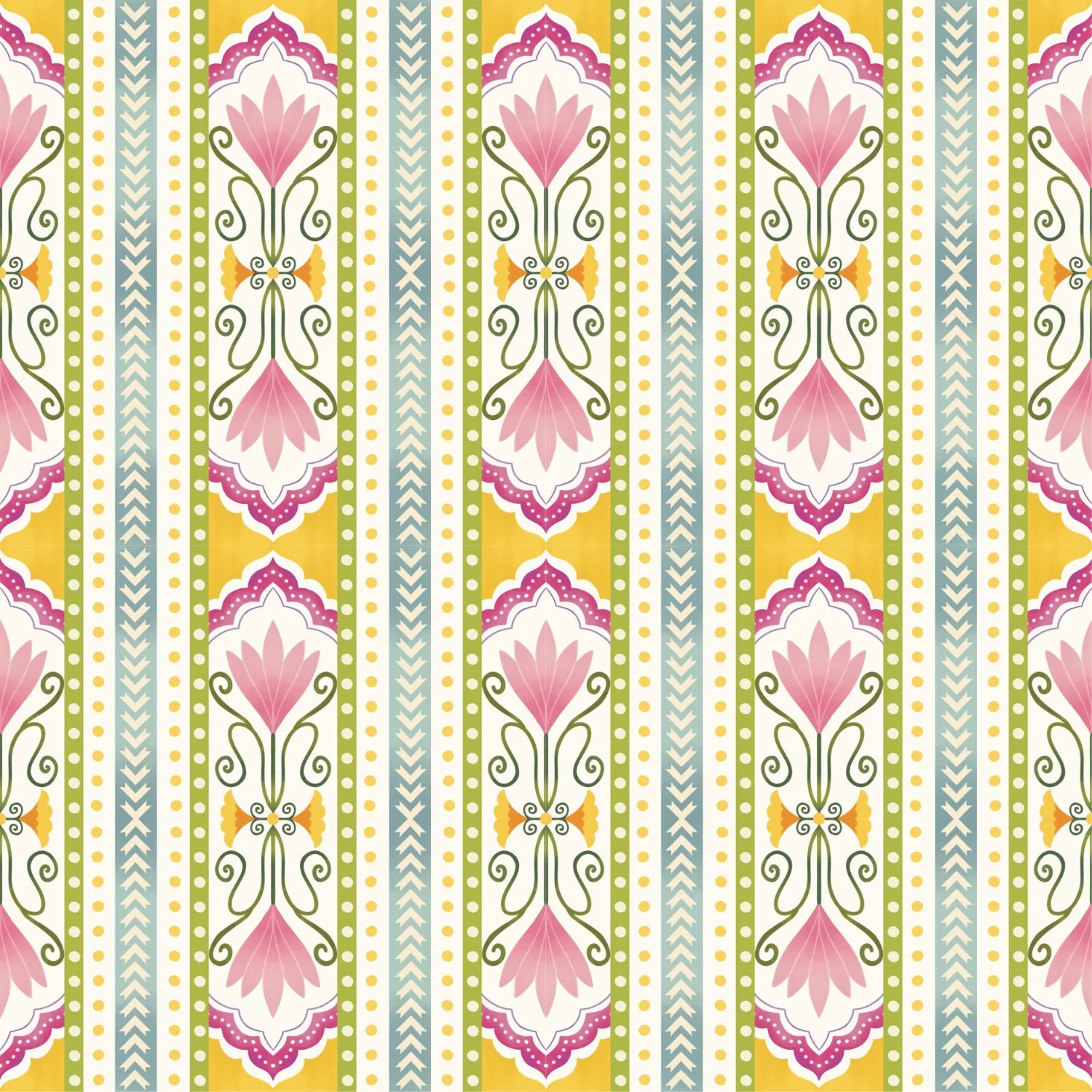 A colorful floral and geometric patterned wallpaper featuring pink flowers, green vines, yellow dots, and blue vertical stripes with arrow-like designs.