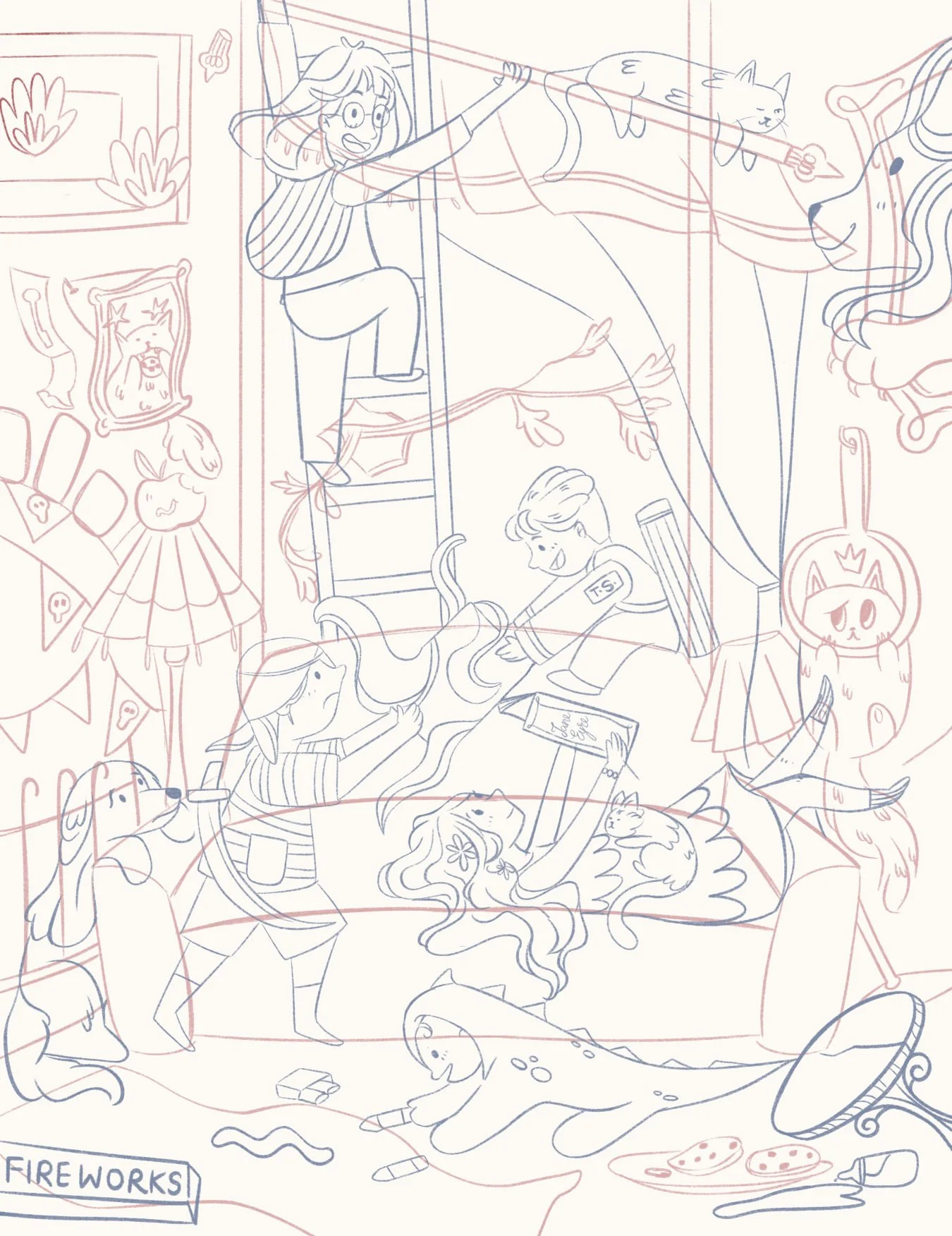 chaos, couch, kids, playing, magic, lion, octopus, cats, dogs, fight, dino kid