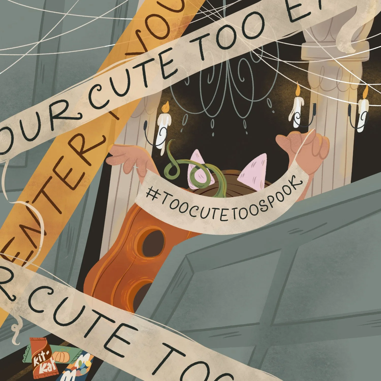 broken door, halloween , pumpkin illustration, cute spooky, childrens art