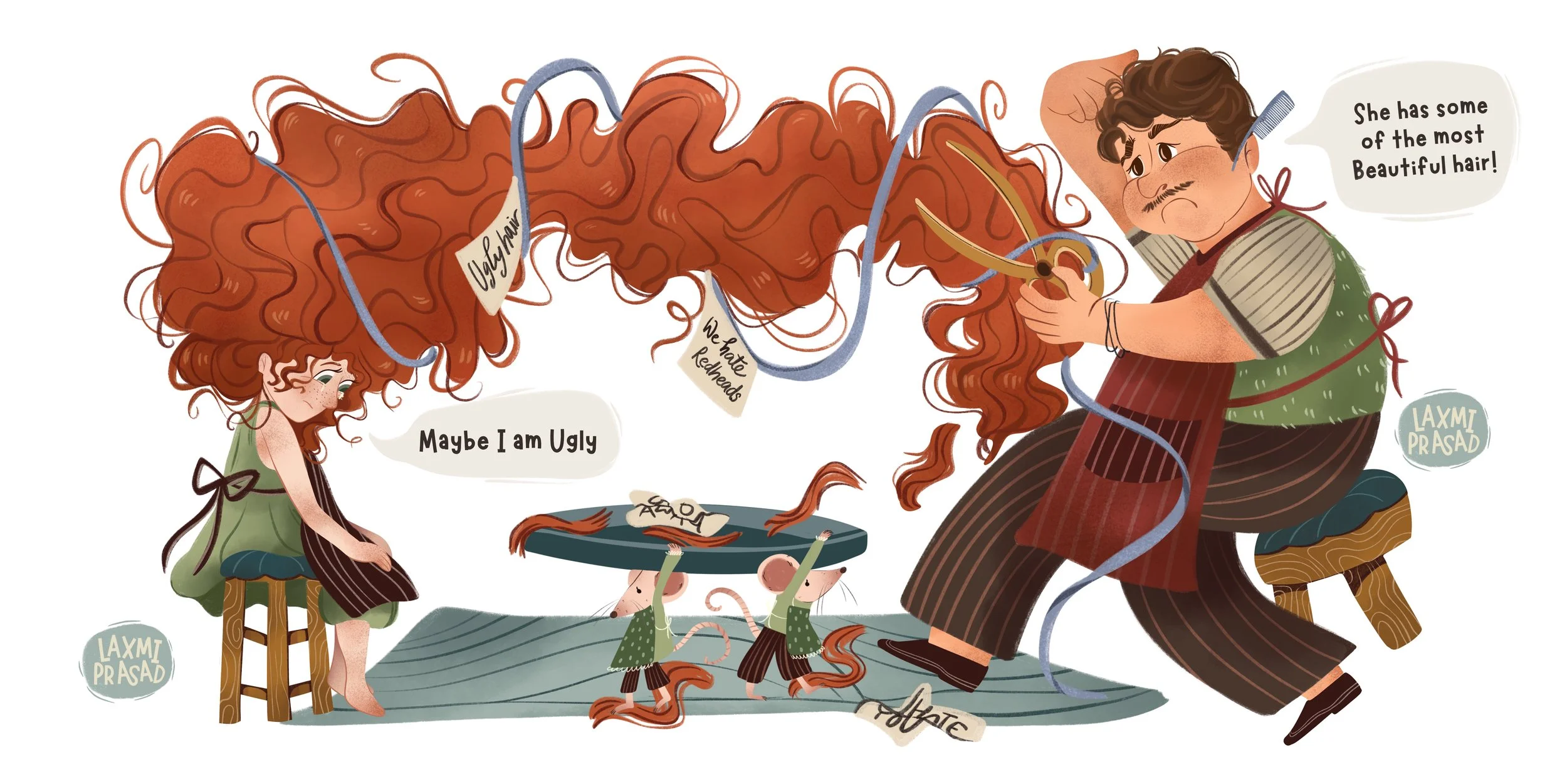 Redhair, girl, magical salon, enchanted mice, luck, irish miracles, storybook, artwork