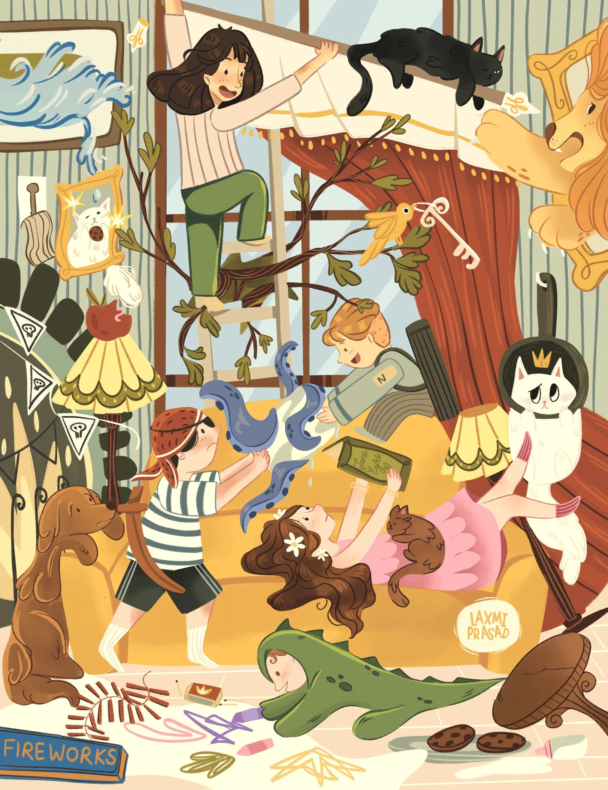 Children, messy room, magic, cats, dog, octopus, liom, lamp, broken, dinokid, crayons, fireworks, pirate, trouble, sofa, yellow