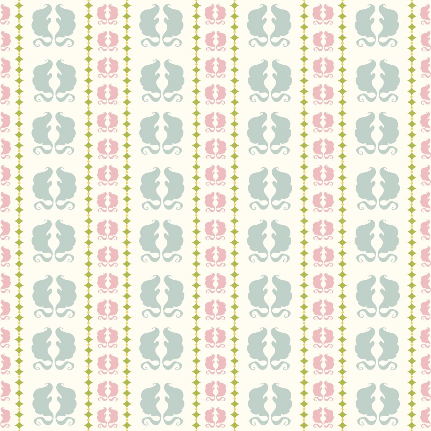 Pattern of pink and green floral and animal motifs arranged in vertical stripes.