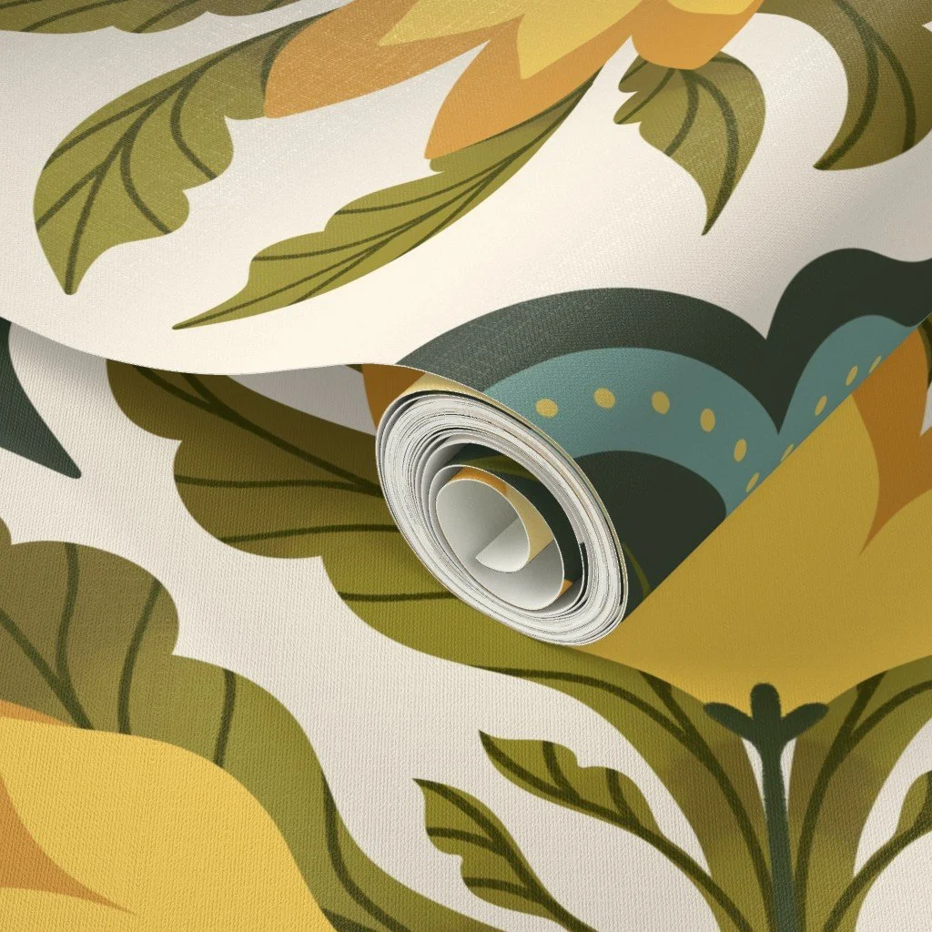 Close-up of a rolled wallpaper with a floral pattern in green, yellow, and black colors.