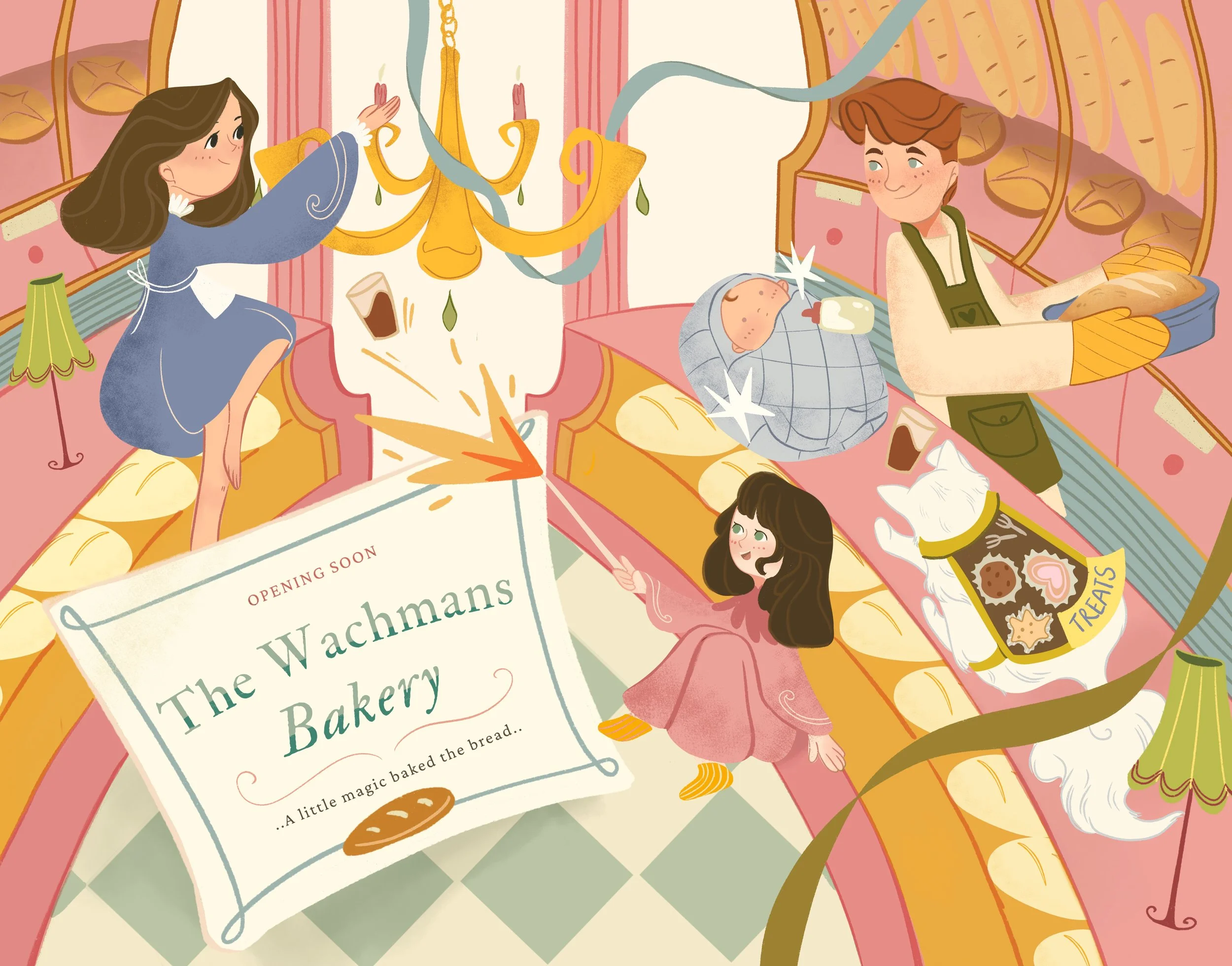 A colorful illustration of children and a dog celebrating a bakery opening, with a chandelier, books, and various baked goods in the background.